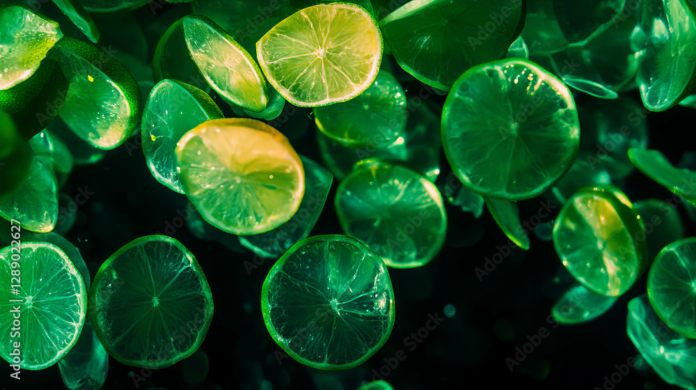 Poster vibrant background of falling sliced limes in green and yellow tones for refreshing design
