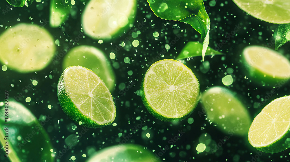 Poster Vibrant background of falling sliced limes in refreshing green hue for fresh design concepts