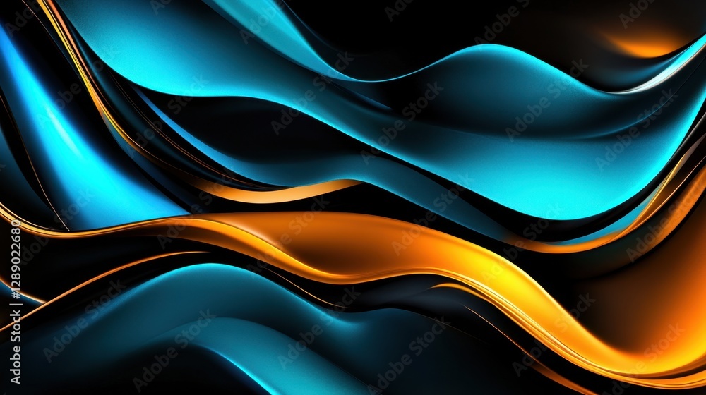 Poster soft abstract turquoise light waves with amber yellow undertones and bokeh effect on a dark obsidian