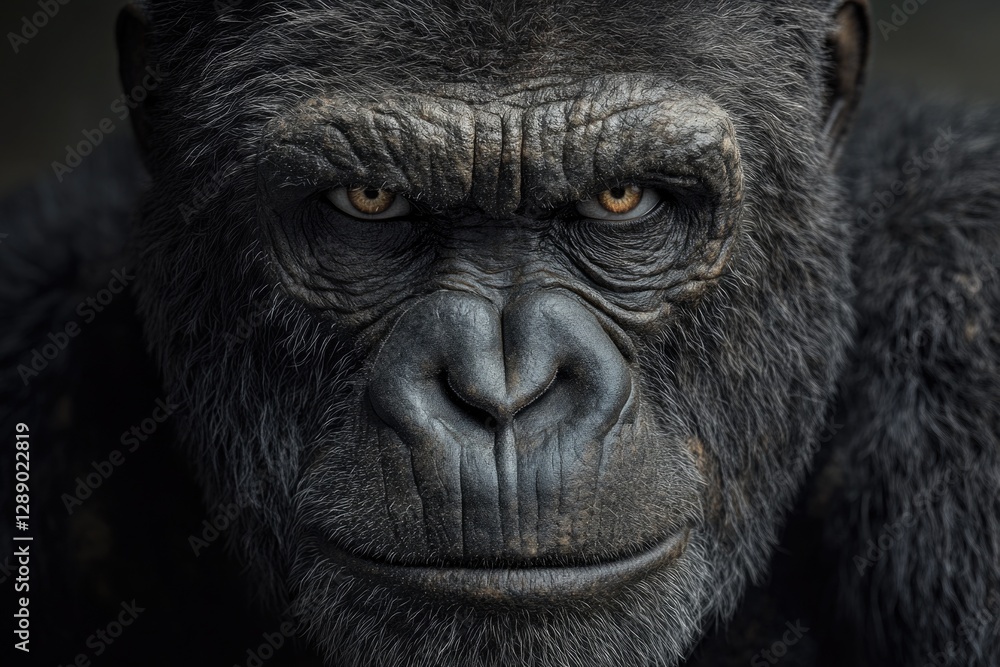 Poster a close-up shot of a gorilla's face with a blurred background