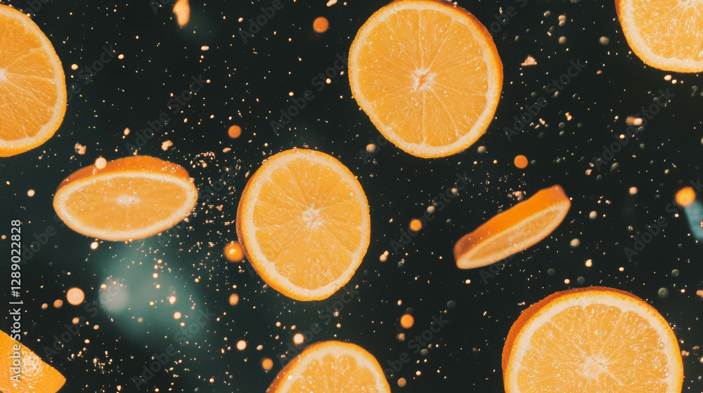 Poster Vibrant abstract background with falling sliced oranges for creative design