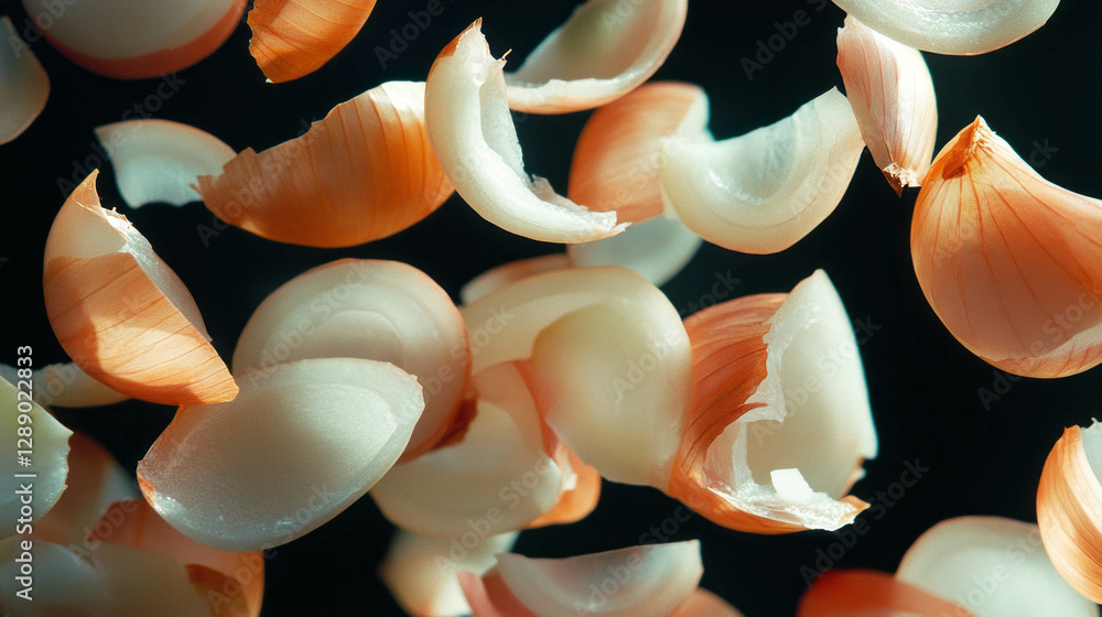 Poster Dynamic background of falling sliced onions in motion for culinary design