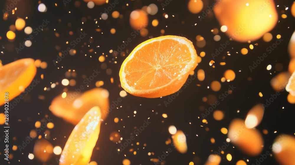 Poster Dynamic falling sliced oranges with soft light for fresh concept design