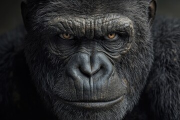 A close-up shot of a gorilla's face with a blurred background