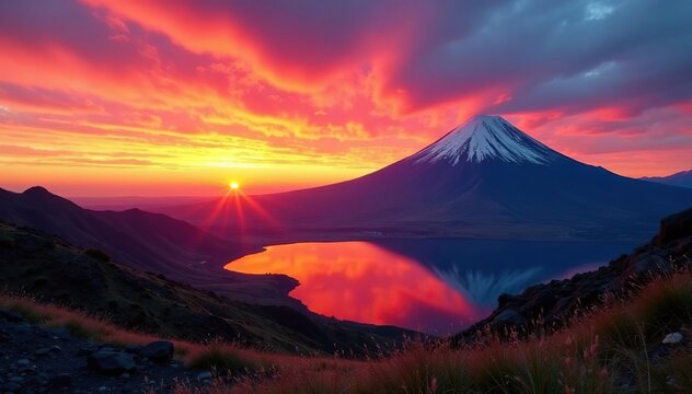 Sunset over Lanin Volcano and the Andes mountains with Lake Villarrica in foreground, Nature, Landscapes