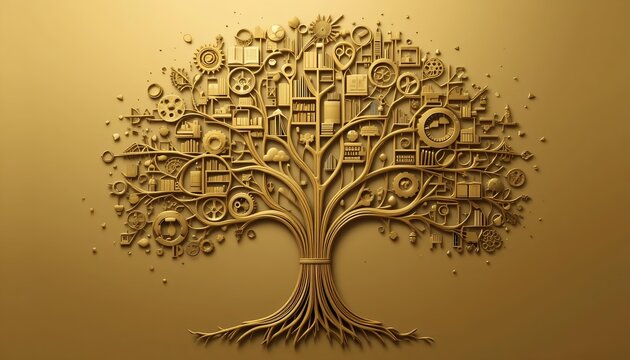 Conceptual idea of a golden tree with branches sprouting abstract shapes like gears, books, and bridges, symbolizing diverse and interconnected ideas