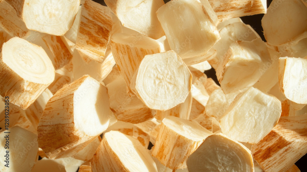 Poster Freshly sliced parsnips falling with light and texture for culinary design