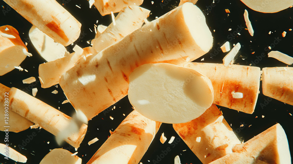 Poster Vibrant sliced parsnips falling on dark background for food design and display