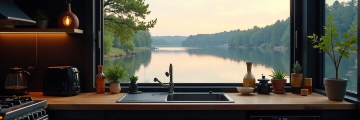 Cozy black kitchen by the lake with a toaster and coffee maker on the wooden counter top,, warm lighting, homey feel