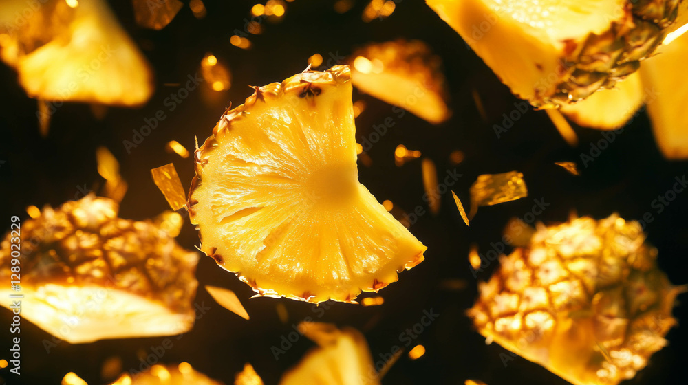 Poster vibrant background with falling sliced pineapples in yellow glow for tropical design