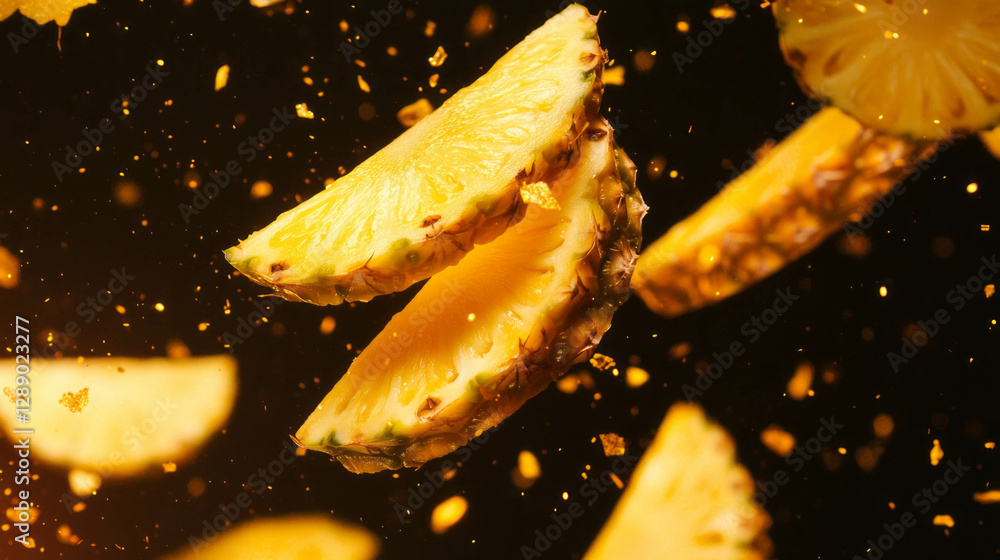 Poster vibrant background of falling sliced pineapples against a yellow backdrop