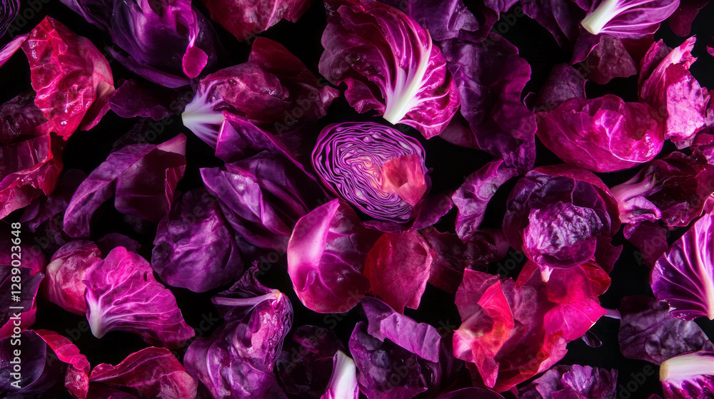 Aufkleber Vivid pattern of falling sliced red cabbages on dark background for culinary design