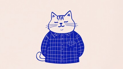 A cartoon cat wearing a blue plaid shirt, appearing calm and content, set against a light background.