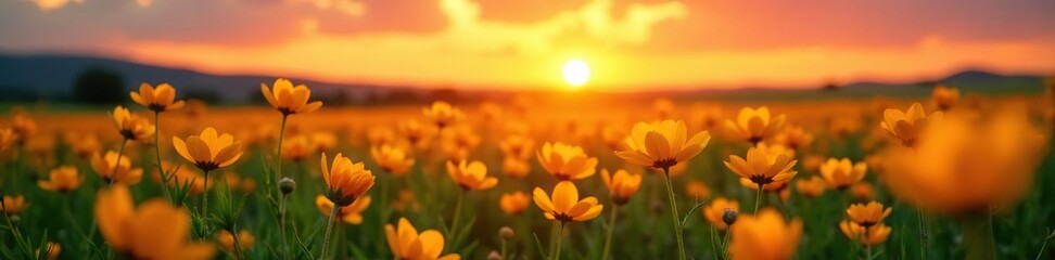 Fototapeta premium Sunset colors dance across a field of bright yellow orange flowers, flowers, yellow orange