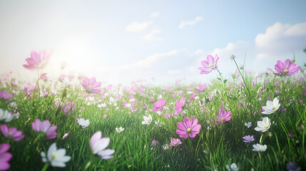 Obraz premium Blooming Cosmos Flowers Under the Warm Sunlight, Lively Spring Landscape with Vibrant Cosmos Blossoms