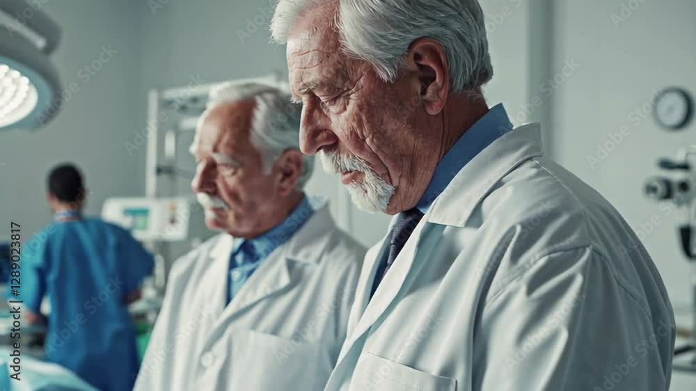 Poster two experienced surgeons wearing white coats and ties are observing a patient during a surgical proc