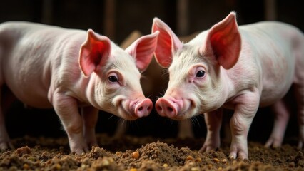 Pigs and piglets on a farm, eating in a pen. Livestock, cattle breeding, agriculture, farming