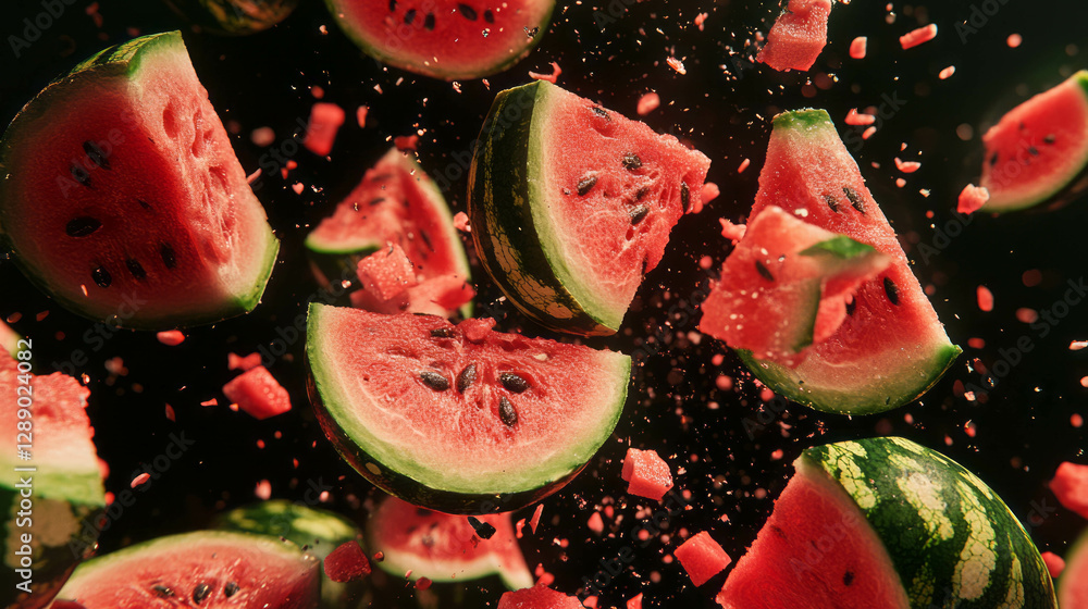 Aufkleber Dynamic summer vibes with falling sliced watermelons on dark background