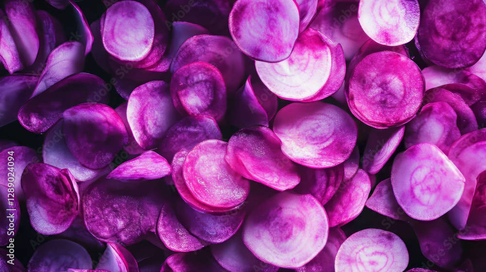Poster vivid background of falling sliced turnips in purple tones for design
