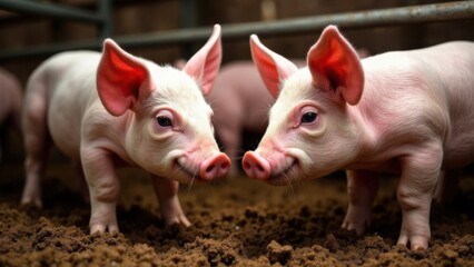 Pigs and piglets on a farm, eating in a pen. Livestock, cattle breeding, agriculture, farming