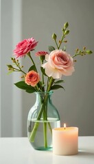 A delicate glass vase holds a small bouquet of fresh flowers and a single pillar candle, floral arrangement, still life