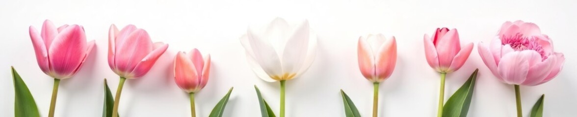 Fototapeta premium Delicate tulip and peony blooms in soft pastel shades against a white background, soft pastel, bloom, nature