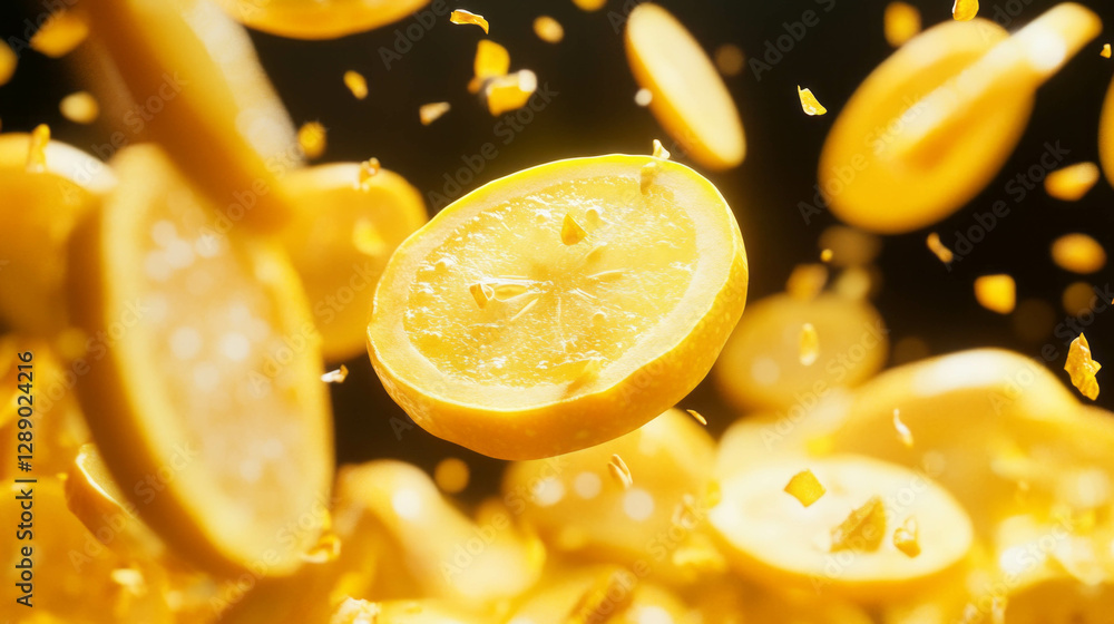 Poster vibrant display of falling sliced yellow squash and lemon for culinary design