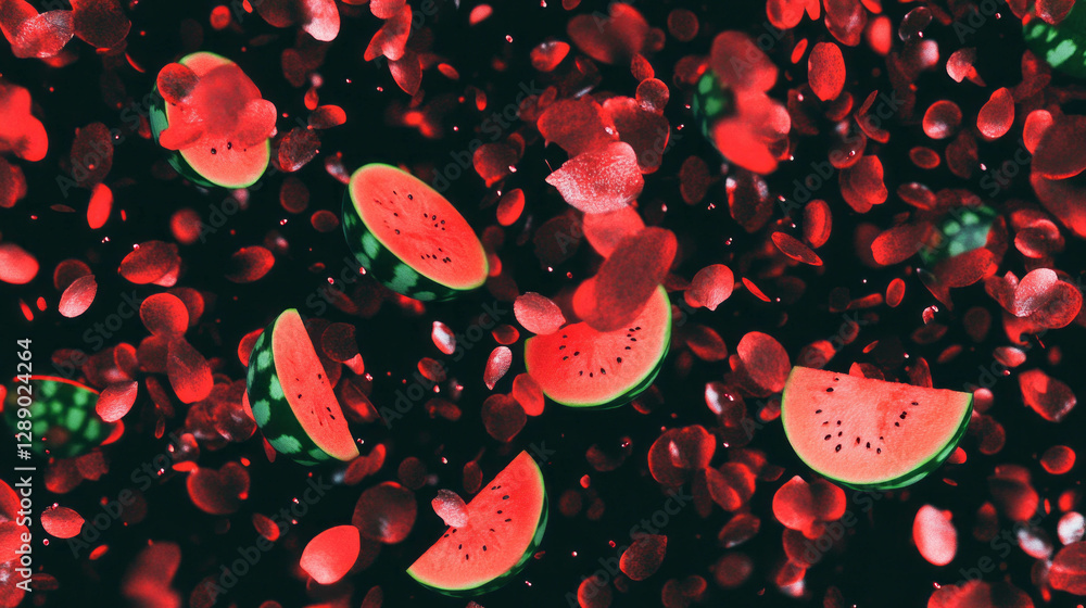 Poster vibrant falling sliced watermelons on abstract red background for summer design