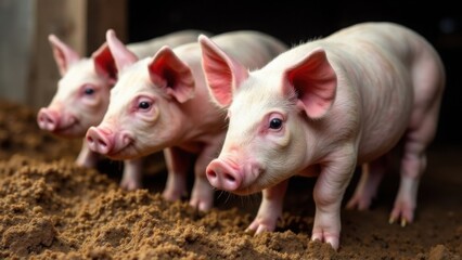 Pigs and piglets on a farm, eating in a pen. Livestock, cattle breeding, agriculture, farming