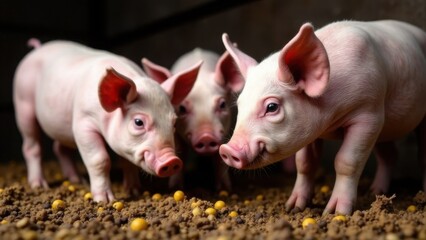 Pigs and piglets on a farm, eating in a pen. Livestock, cattle breeding, agriculture, farming