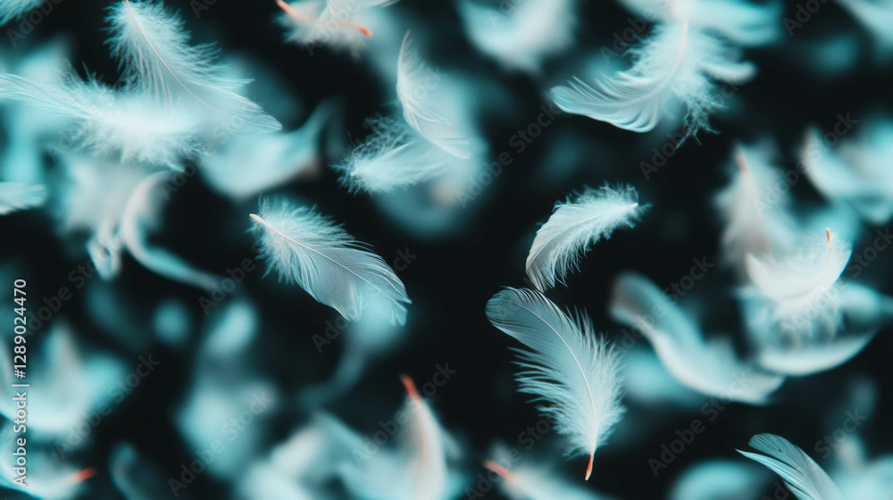 Poster ethereal background of falling soft feathers for dreamy design