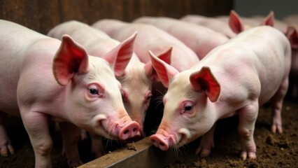 Pigs and piglets on a farm, eating in a pen. Livestock, cattle breeding, agriculture, farming