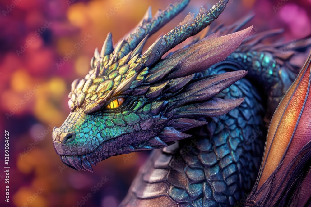 Poster close-up view of a dragon's head on a vibrant colored background, suitable for fantasy and mythology