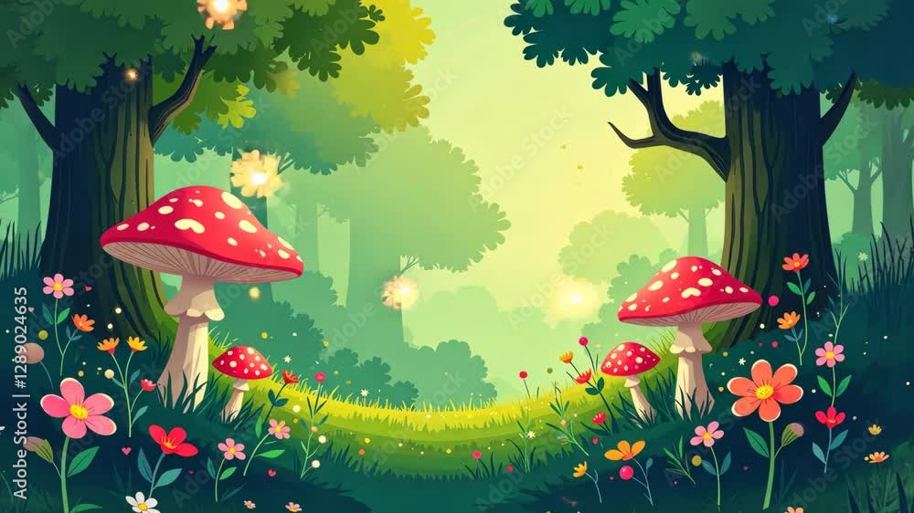 Poster A forest scene with a red mushroom in the foreground and three other mushrooms in the background. There are also flowers in the foreground