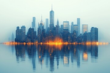 Obraz premium Foggy city skyline reflecting on water creates dreamy atmosphere, showcasing design of city skyline. Concept involves exploration of design of city skyline in tranquil light imagery