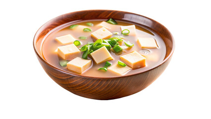 Steaming bowl of miso soup with tofu and green onions, photographed in natural light
