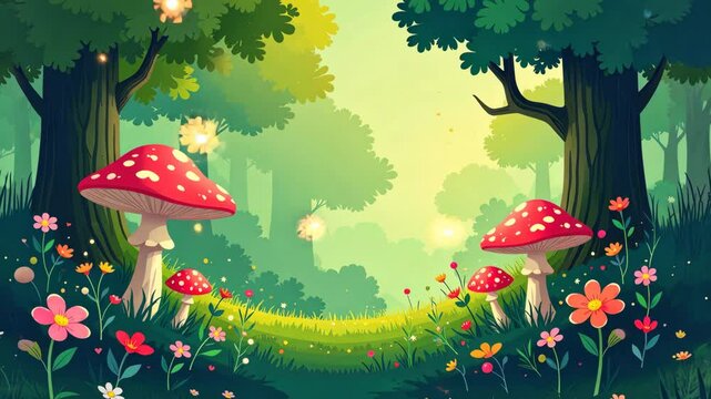A forest scene with a red mushroom in the foreground and three other mushrooms in the background. There are also flowers in the foreground