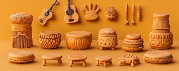 African musical instruments & stools.  Orange background. Craft use