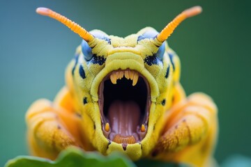 Close-up shot of a yellow and black striped insect with its mouth open, ideal for illustrations about insects or nature