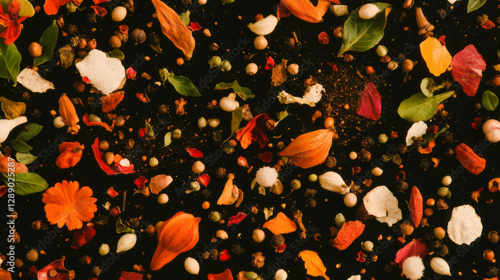 Poster vibrant background of falling spice blends and mixed colorful petals for artistic design