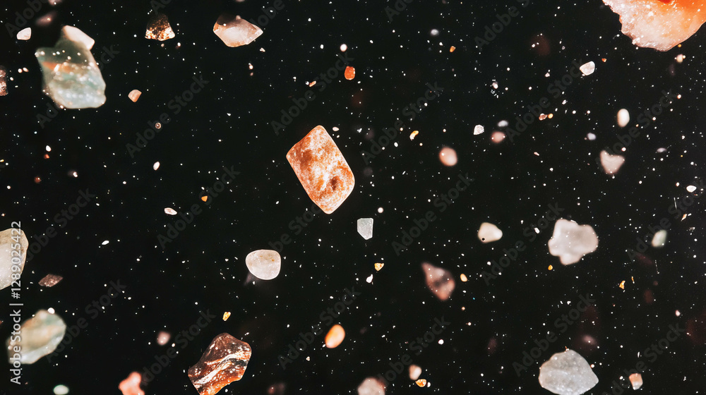 Aufkleber abstract cosmic scene with falling sprinkles and varied shapes on dark background