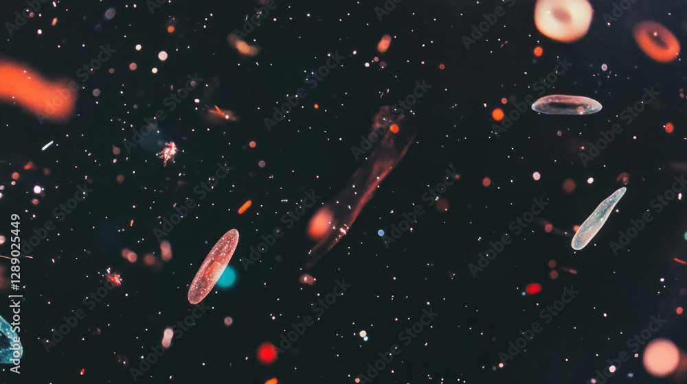 Poster Cosmic abstract background with falling sprinkles and varied shapes in space