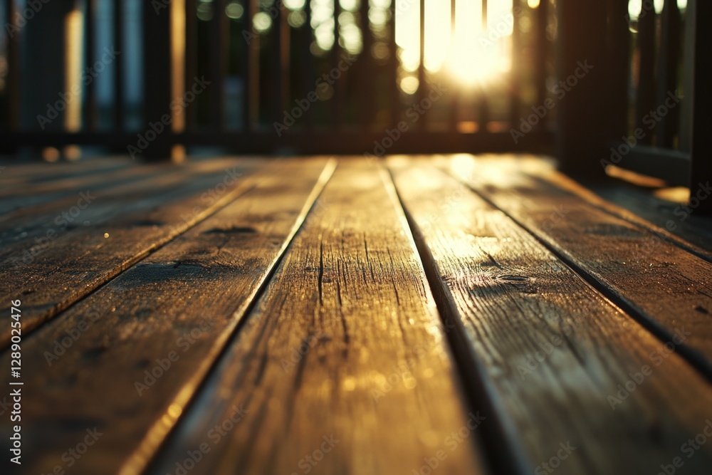 Aufkleber a close-up view of a wooden deck with the sun setting in the background, perfect for use in real est