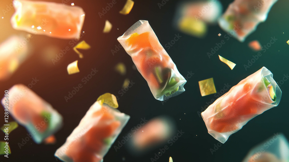 Poster dynamic display of falling spring rolls in a translucent background