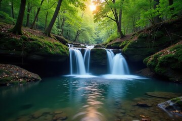 Gentle waterfalls cascade into a serene forest pool at dusk, peaceful, forest, waterfall