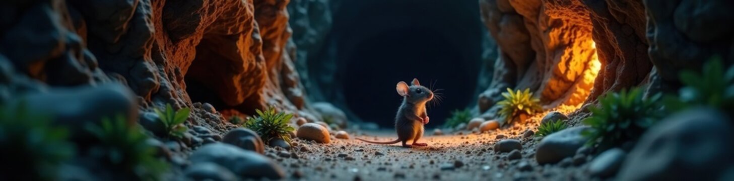 Mice scurrying through hidden underground chamber, hiding, hidden, cavern