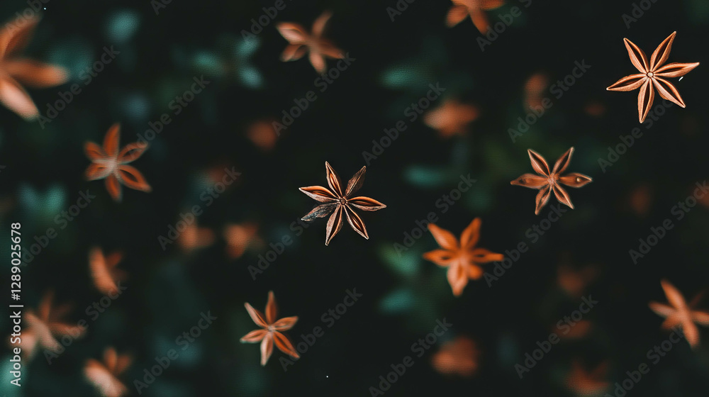Poster falling star anise pattern against dark background for culinary design