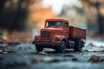 Obraz premium A small red toy truck sits at the edge of a road, waiting for its next adventure