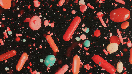 Colorful chaos of falling sprinkles on a black background