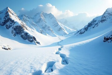 Snowy peaks with Abominable footprints in the frost, cold, wilderness